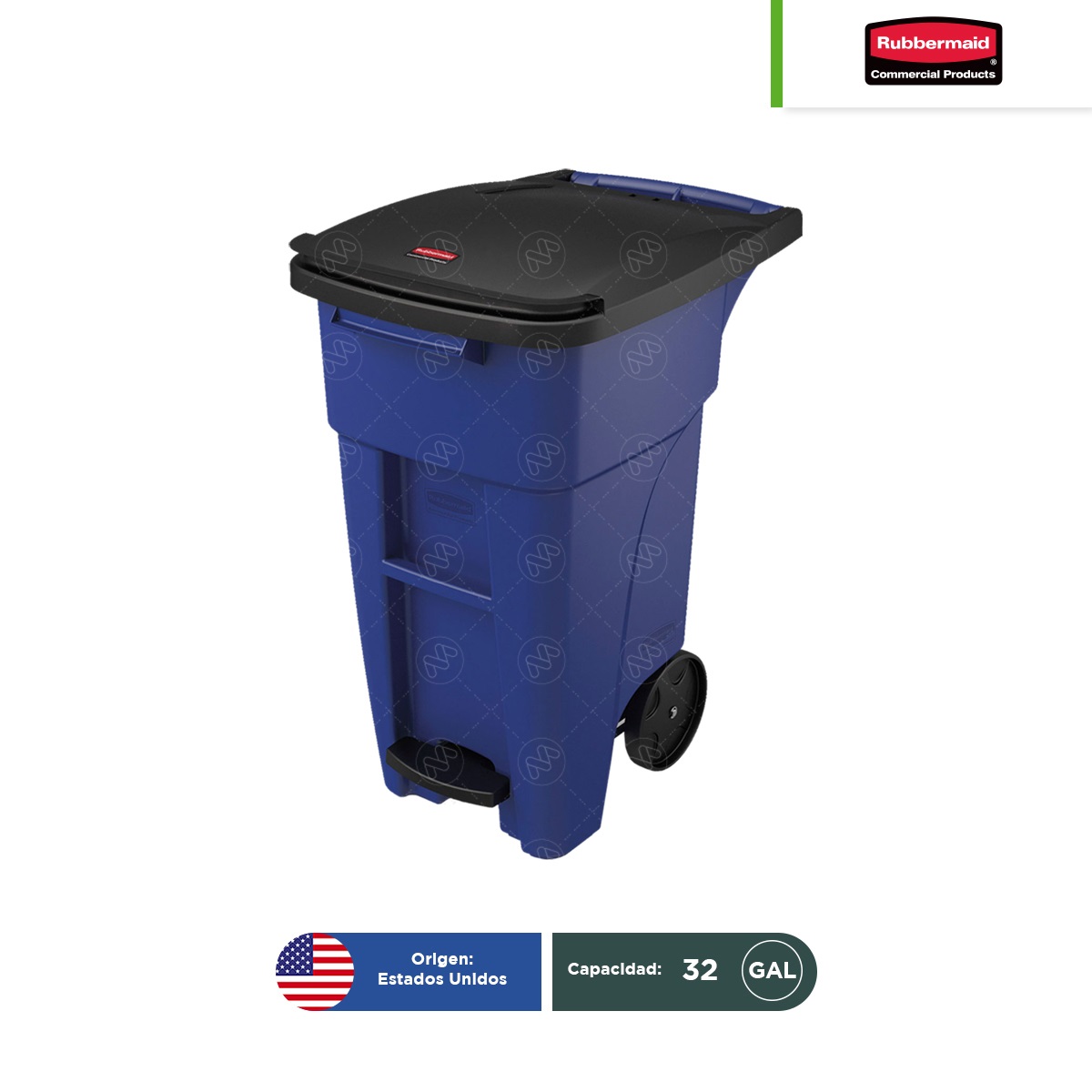 contenedor con 2 ruedas y pedal rubbermaid 32 gal azul 001