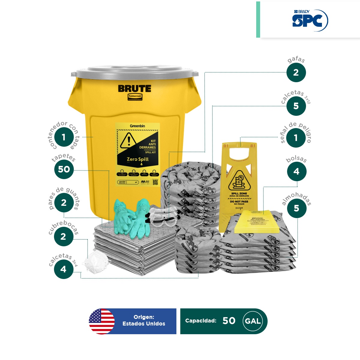 kit antiderrames universal 50 gal spc brute 002