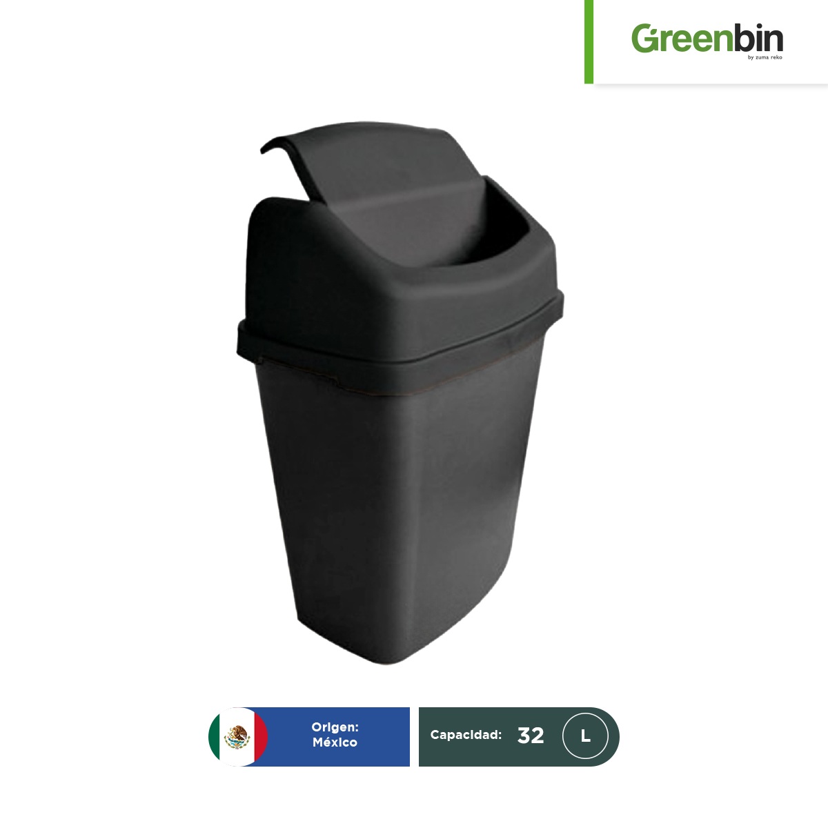 bote de basura rectangular tapa vaiven greenbin 32 l negro 001