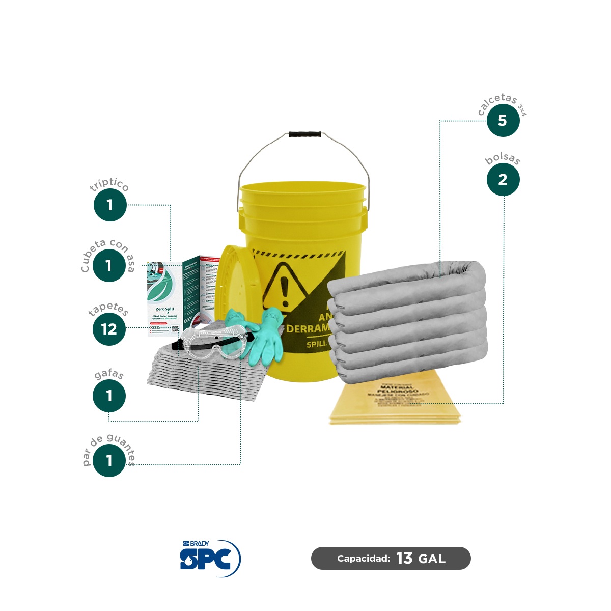 kit antiderrames cubeta universal no quimicos brady spc 13 gal 002