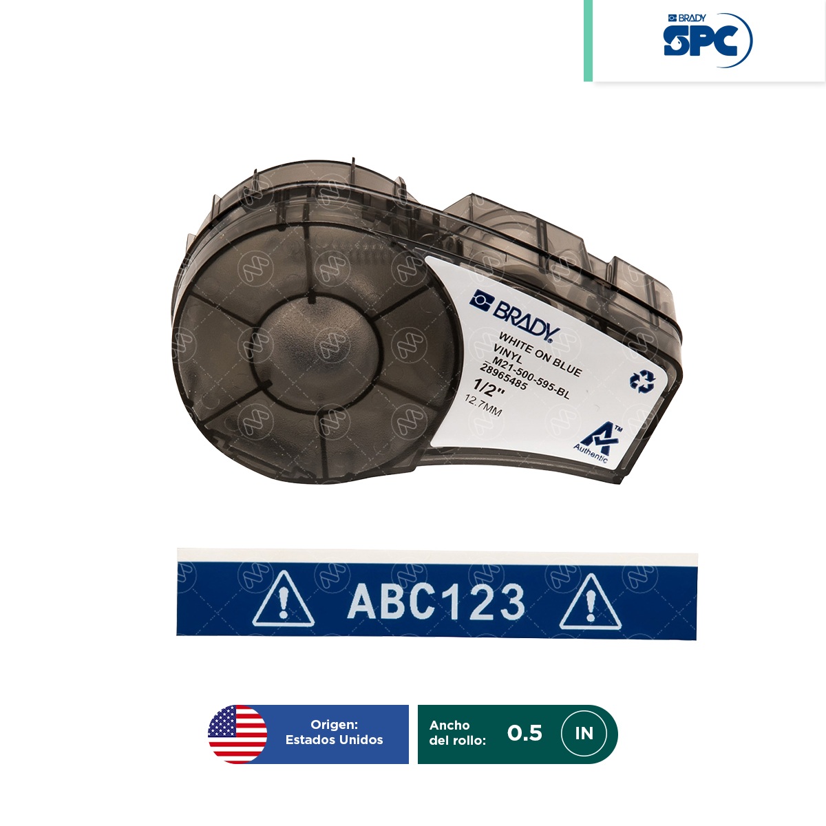 cinta de etiquetas vinil blanco sobre azul m21 05 pulgadas brady spc 001