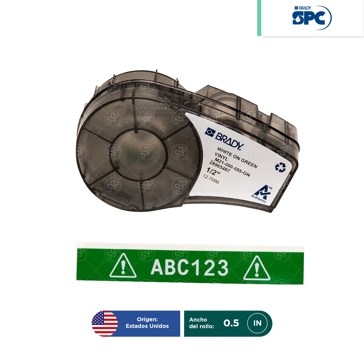cinta de etiquetas vinil blanco sobre verde m21 05 pulgadas brady spc 001