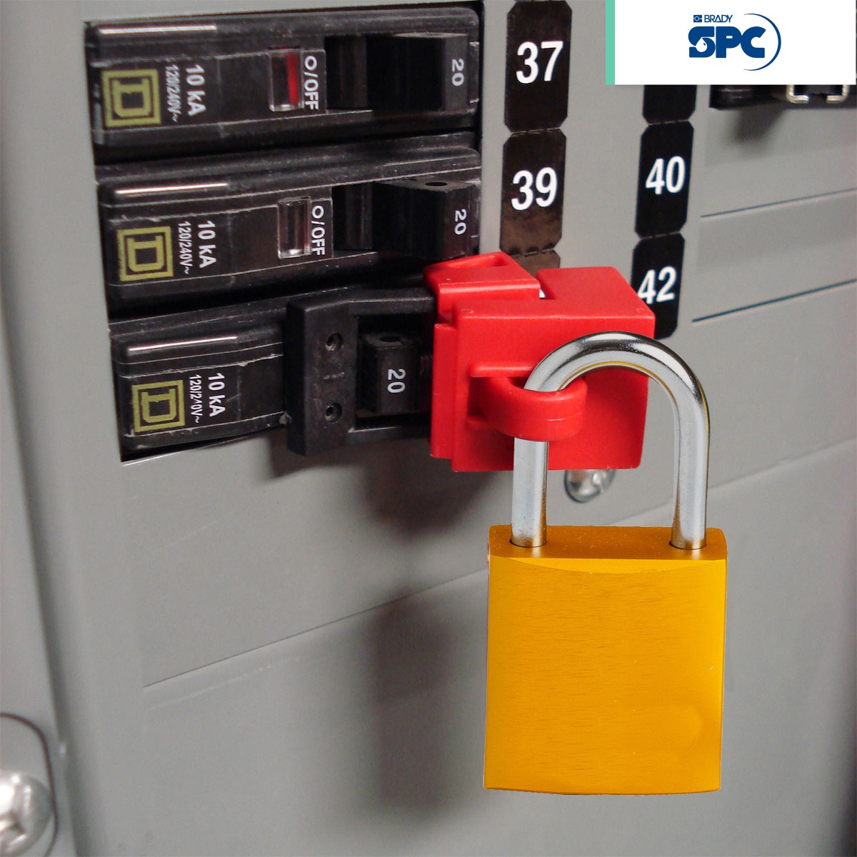 dispositivo de bloqueo de abrazadera para interruptores de circuitos cubierta abatible brady spc rojo 002