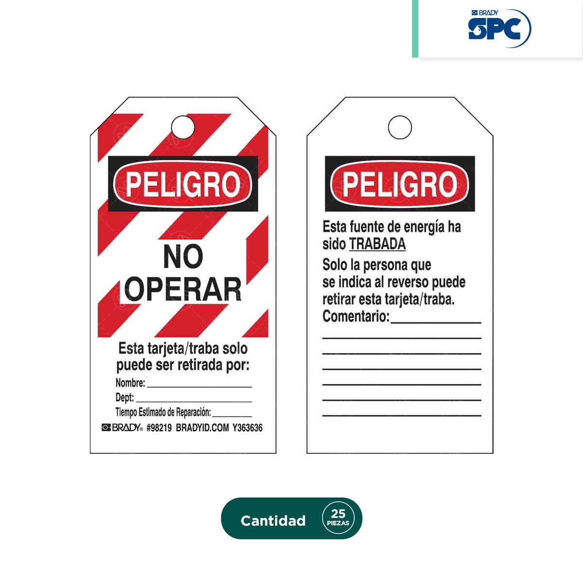 paq 25 tarjetas de bloqueo con mensaje peligro no operar brady spc rojo 001