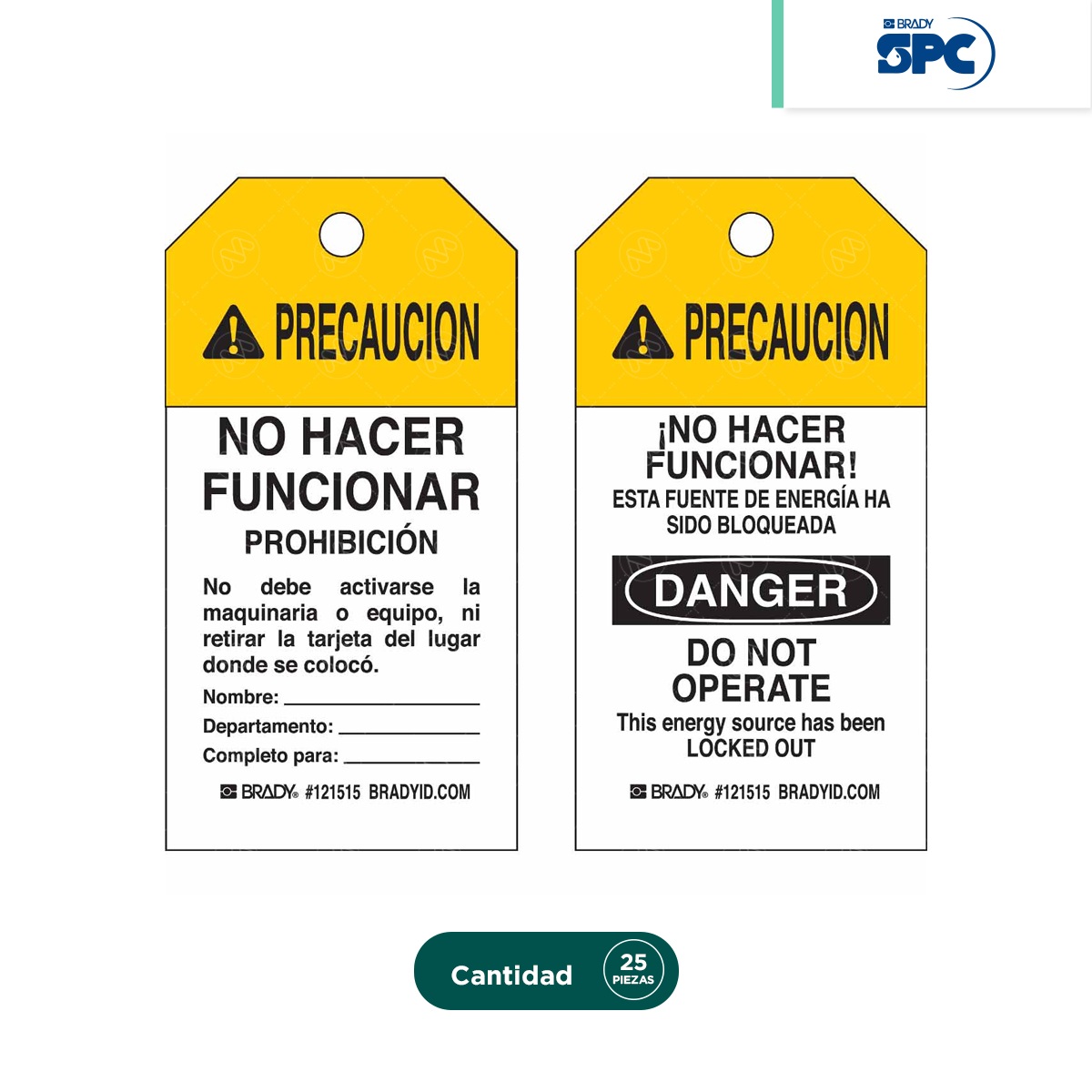 paq 25 tarjetas de bloqueo con mensaje precaucion no hacer funcionar brady spc amarillo 001