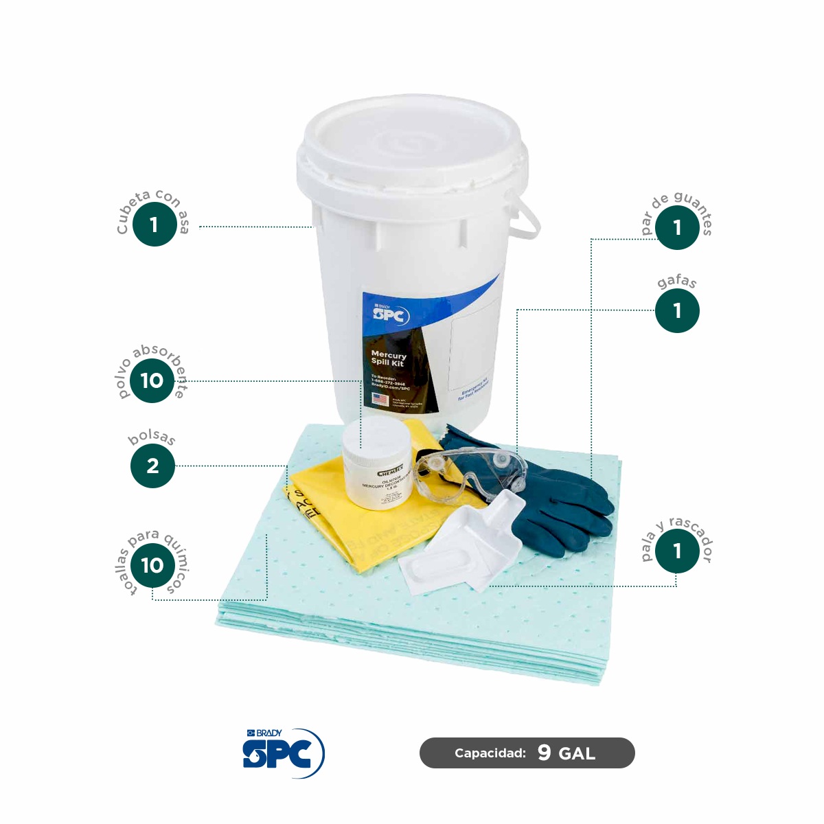 kit especializado para derrames de mercurio 6 5 gal absorcion 9 gal brady spc 002
