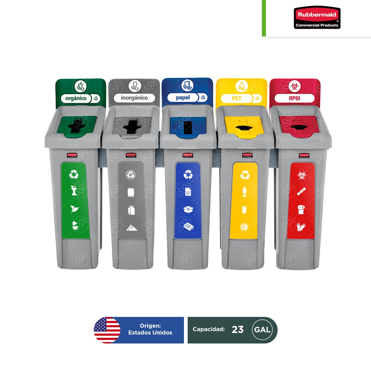 estacion de reciclaje 5 divisiones rubbermaid slim jim 23 gal m01 vd gr az am rj 002